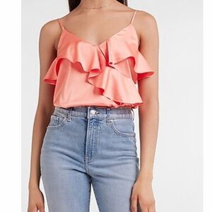 Express Coral Pink Ruffle Satin Cami Bodysuit